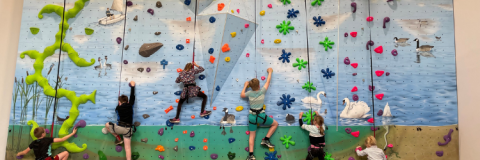 Children climbing the wall at Dinton Activity Centre enjoying the holiday club