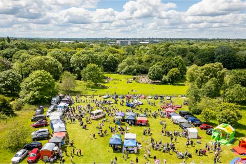 Drone photograph of an event in a field